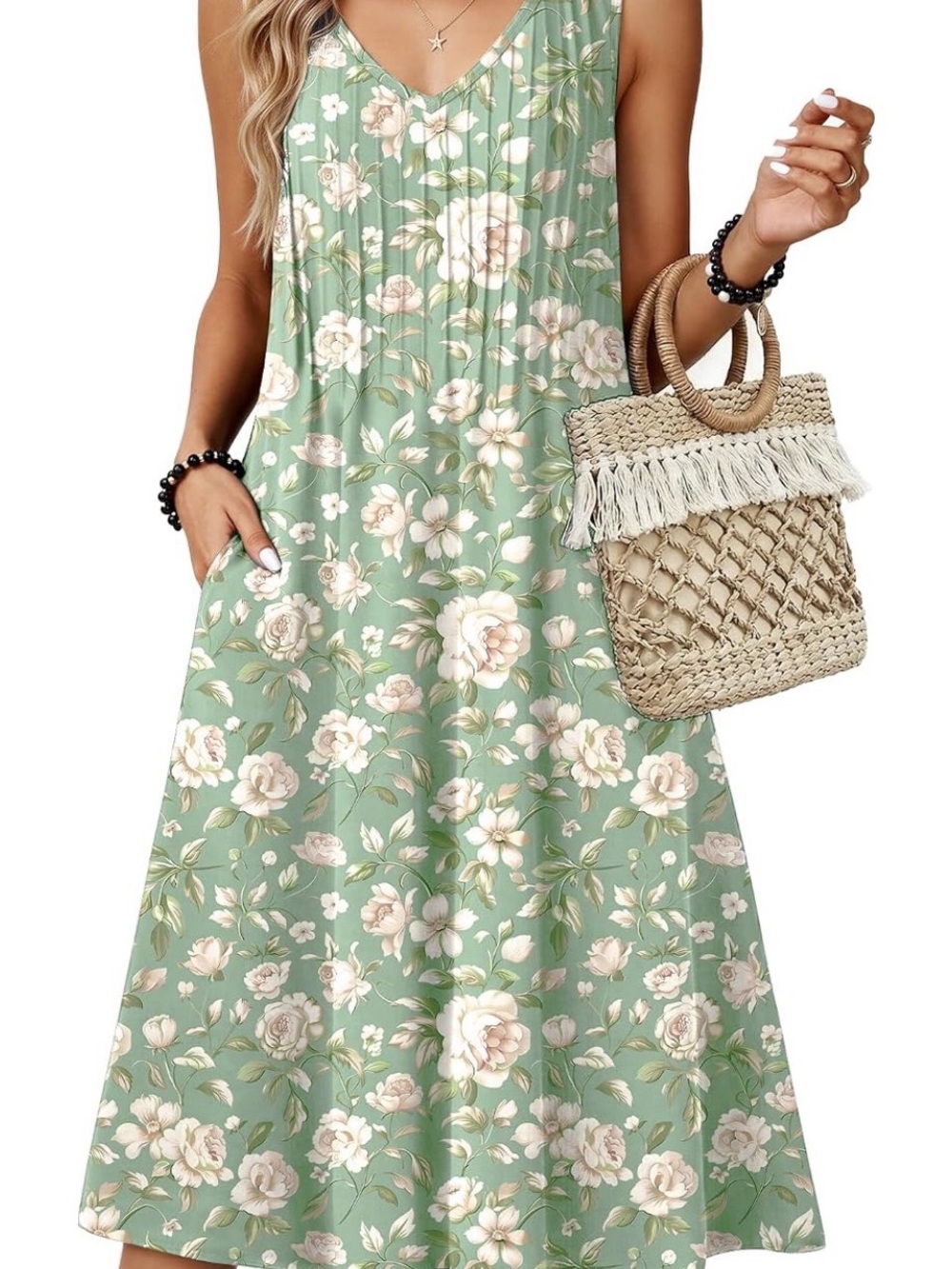 zeagoo Sage Green Floral V-Neck Sleeveless Midi Dress